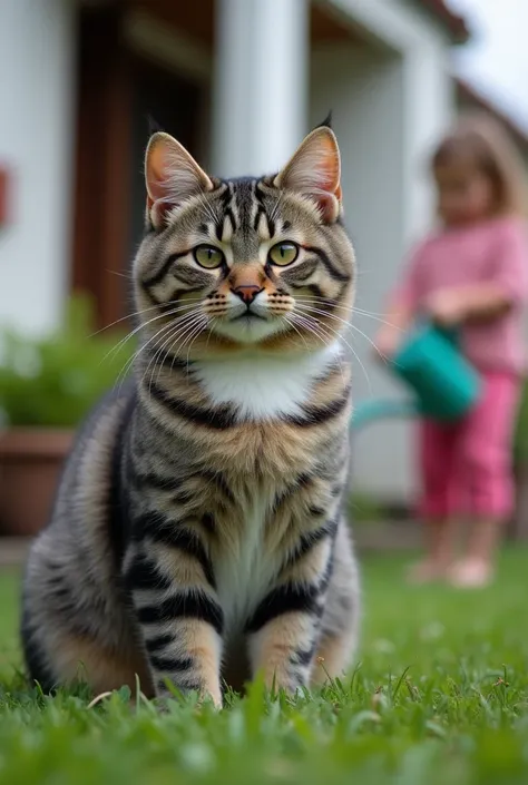 Tabby cat, with a chubby body. Thick, smooth fur, bearing the typical stripes of tabby cats, alternating tones of silver gray and dark black. The fur under the chin and chest is brighter, almost white, sitting in front of the house, to the right of the cat...