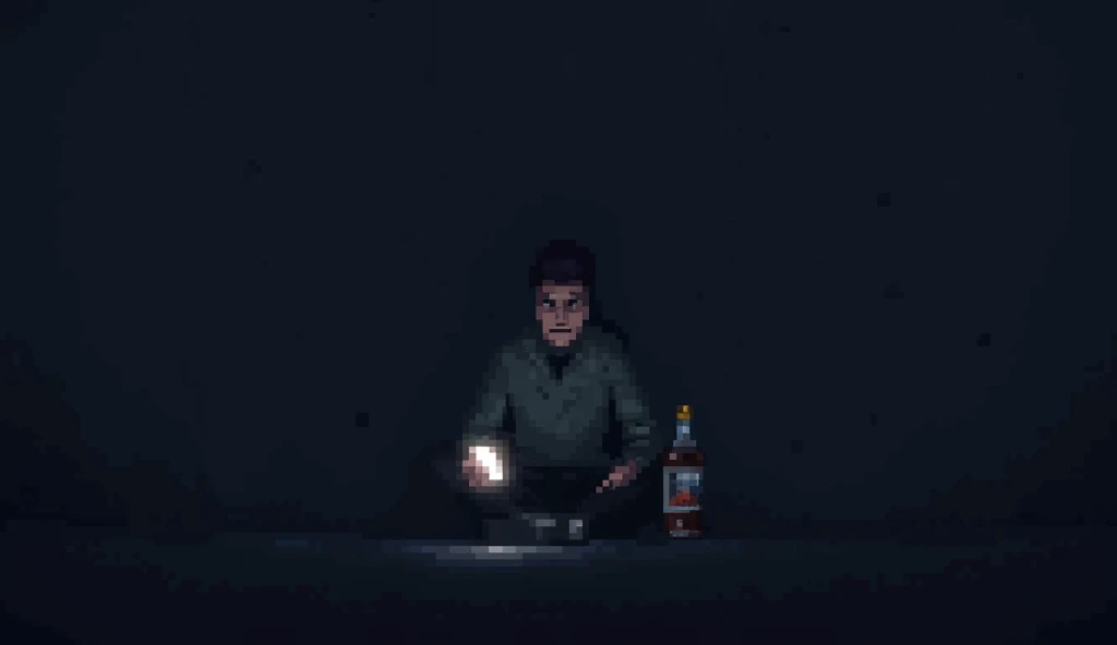 Make me a pixelated image of a man alone in the dark with a cell phone on and a bottle of alcohol in his hand 