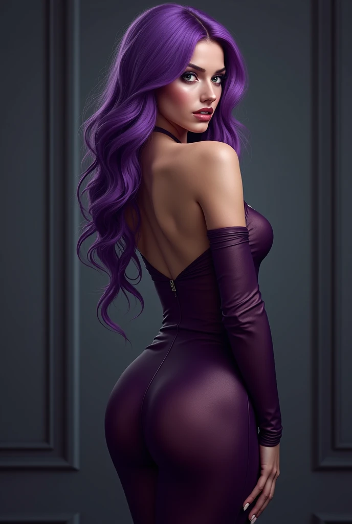 Beautiful purple-haired woman wearing a long dress marking her body doing sexy poses staring blankly with a naughty look 