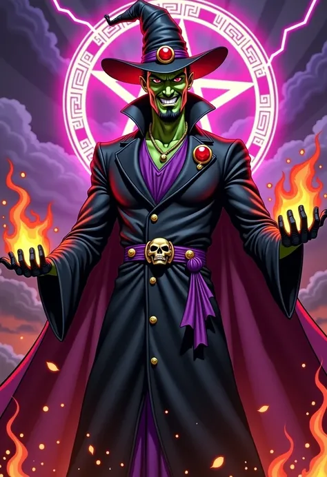 2d marvel comic pop artstyle, dr strange as a wicked wizard, evil smile, sinister grin at viewer, thick crooked eyebrows, green skinned, red viper eyes, tall, american, handsome, mesomoprhic body shape, flexing gigantic muscles, broad shoulders and chest, ...