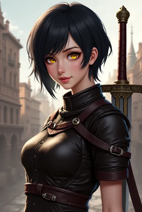 woman,  female,  black hair,  short hair ,  yellow eyes , warrior, sword, leather clothes, stylish, smile, lips, linda, beautiful,  eyeliner ,  High resolution , HD. Medieval city background, proper clothes.  short sleeves . 