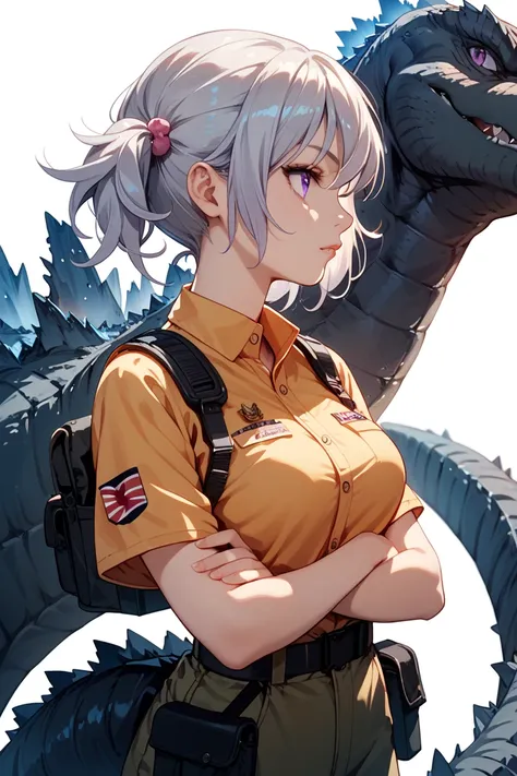 chica estilo anime,  silver hair hand sign with 2 pigtails,  purple eyes, Breasts 34C, Godzillas tail ,  arms crossed,  looking forward ,  profile view ,  from waist up , combat clothing,  white background