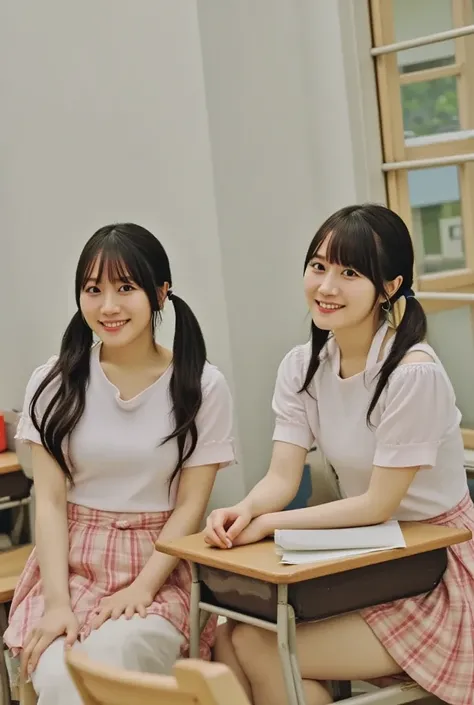  realistic pictures, One-sided ponytail, Korean idol singers wear school uniforms、Sitting with legs crossed at a desk in a school classroom 、Smiling。.