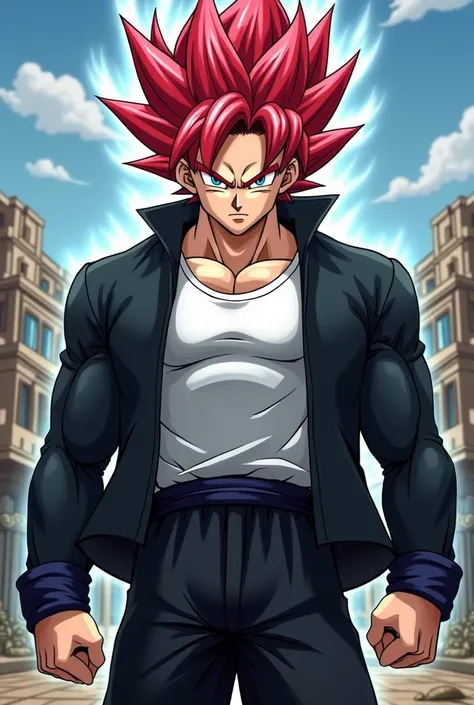 Goku with a black jacket and with a white shirt and with jeans and with red hair and blue eyes dbs cartoon style 