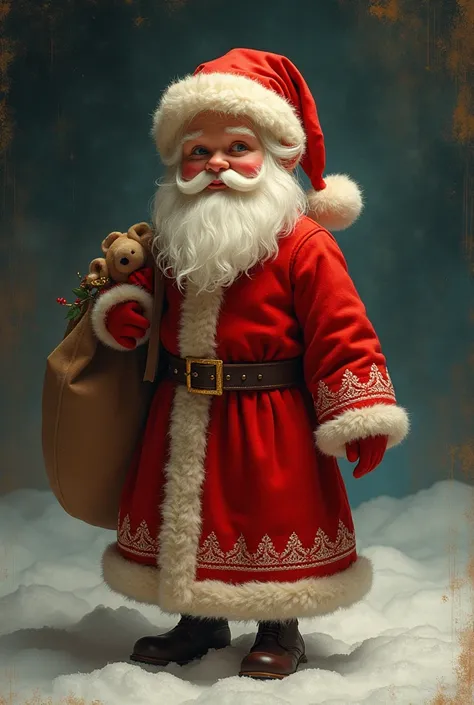  It is said that he wore a warm red nightgown with white embroidery ,  with which he was dressed together with his large bag of gifts for all the ren ,  heavy toys that he could easily carry thanks to the purity of his act .
When the old woman came to him...