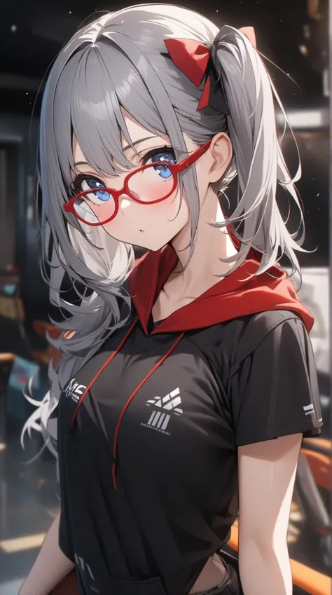 1 girl,   sommer、Grey Hair,   blue eyes, side ponytail, red rimmed glasses、 High Definition Model ,  high detail, 