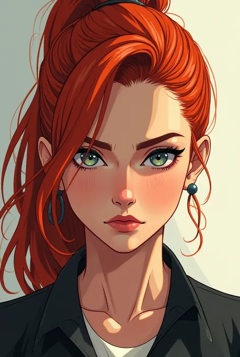  Intelligent redhead with ponytail . Independent and serious .  About  in anime style