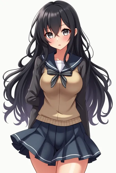  A  girl, with a dark brown complexion ,  with very long and wavy black hair ,  has light gray eyes, Use permanent lenses , She has wide hips and somewhat voluptuous thighs.,  its also a bit sturdy,  wears a school uniform ,  measures 1 ,55 cm . Fanart ani...