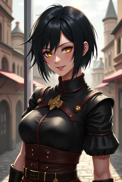 woman,  female,  black hair,  short hair ,  yellow eyes , warrior, sword, leather clothes, stylish, smile, lips, linda, beautiful,  eyeliner ,  High resolution , HD. Medieval city background, proper clothes.  short sleeves . 