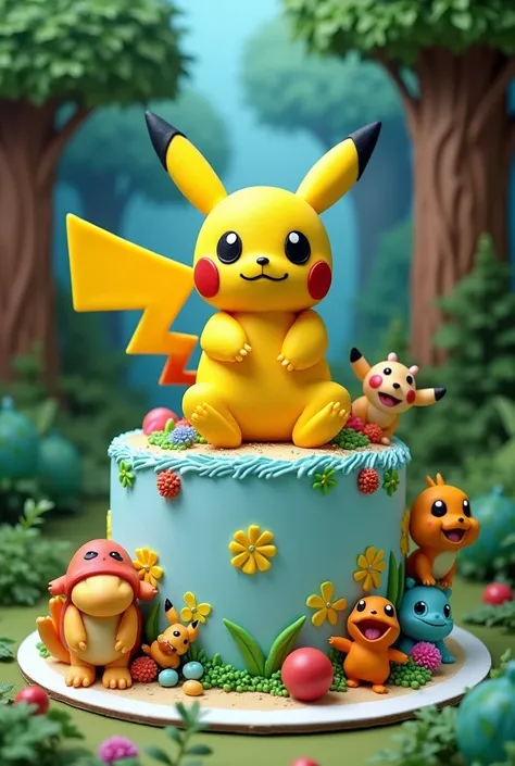 Pokemon-themed two-story birthday cake featuring pikachu for a  boy