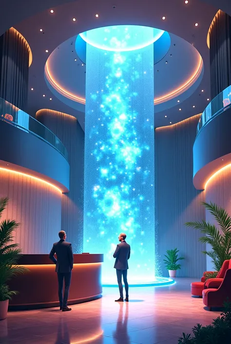 A modern day hotel reception room with a magic portal that allows fantasy travelers and monsters to enter, a middle-aged man with a mustache greets everyone, anime.