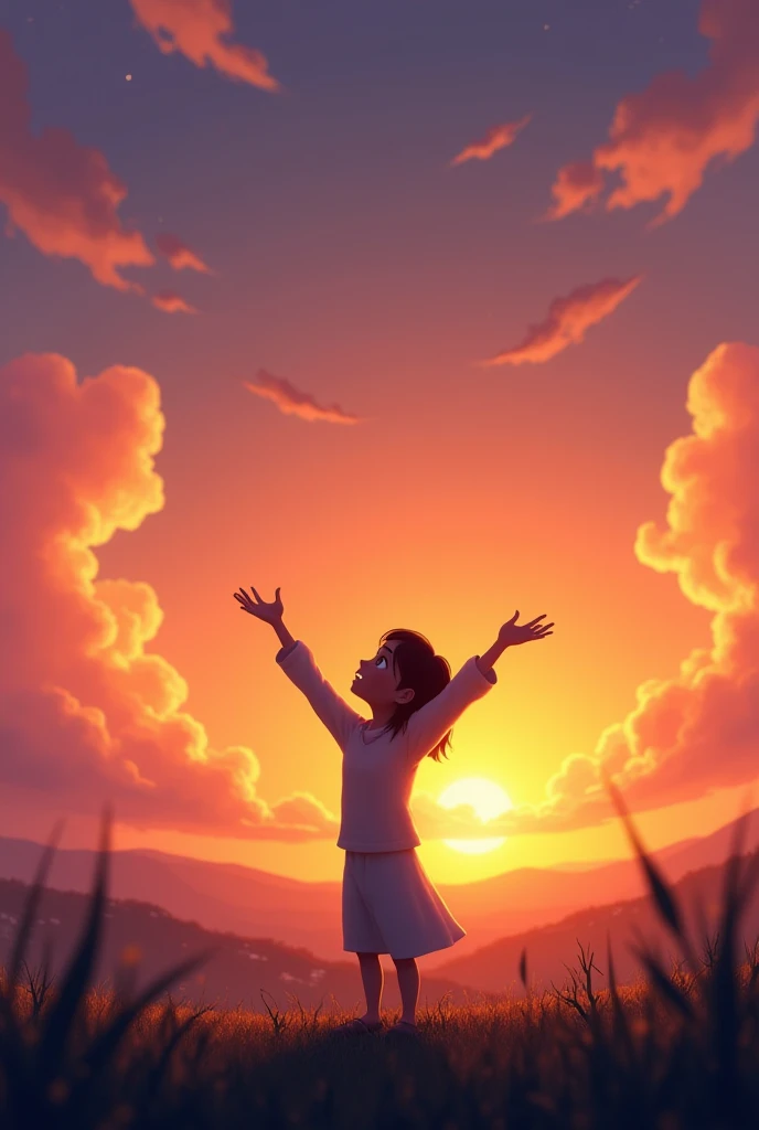 Disney Pixar style Sky at dusk, with someone with their hands raised in gratitude.