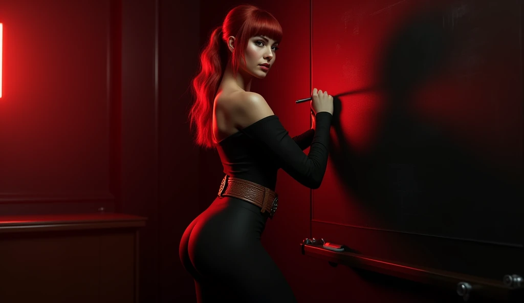 Red-haired teacher, with bangs, writing on a blackboard, sideways, black leggings,  ass and big boobs,  very wide brown belt with round buckle, Red light illuminating,  blackboard background, black top