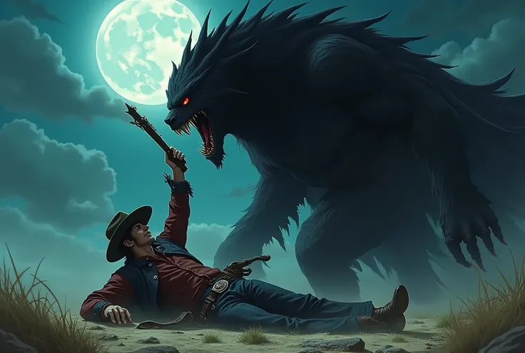 a cowboy on the ground trying to raise his makeshift gun while a vampire looms over him, with the full moon illuminating the battle, wild west theme, anime, aerial perspective, detailed face and eyes, high quality, 8k, masterpiece, cinematic, dramatic ligh...