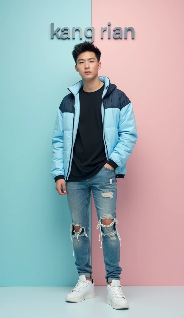 Photography of a couple, a handsome Korean man  posing in front of a pastel gratis background with the words "Kang Rian" embossed in block letters on the top.  wearing modern casual clothes with ripped jeans and white Jordan sneakers, and wearing a mix of ...