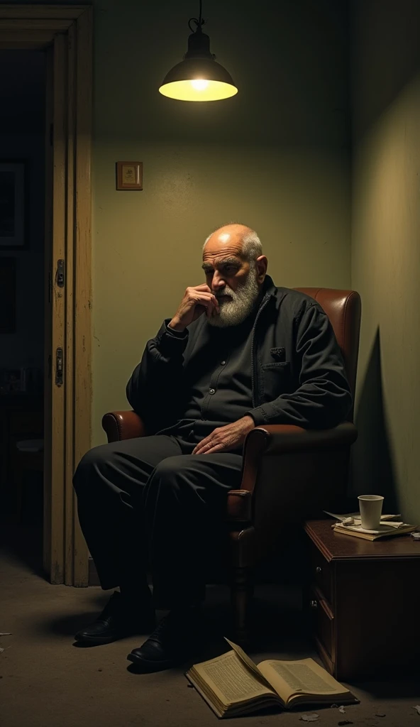 Siavash Ghomayshi, a slim figure with a partially bald head, short white beard, and a black jacket, is sitting on a worn-out chair in a dimly lit room. His hand rests under his chin in a contemplative and distressed gesture, his posture slumped with exhaus...