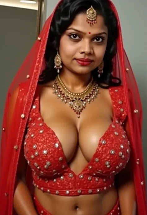 (masterpiece, best quality:1.2), 1girl, solo, stunning beauty,sexy curvy thick , huge saggy boobs, indian, nude, body facing camera, ear ring, navel ring, wearing red bridal veil, nude, breasts visible, showing breasts,