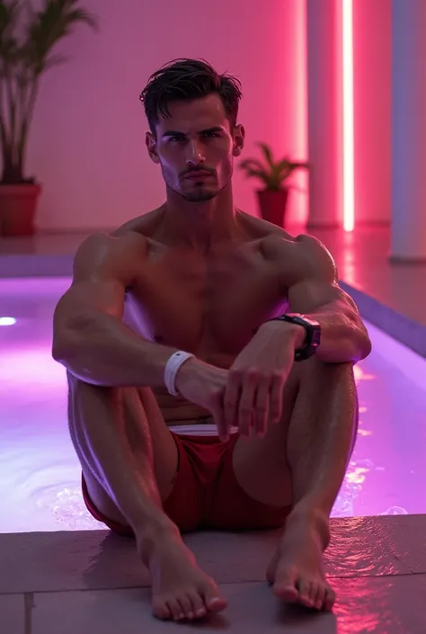 sexy man, short hair, handsome face similar to Henry Cavil face, dark red, ultra tight swimming briefs with white strap, topless, sitting on the floor next to the big swimming pool with water pink water inside, neon lights inside the pool and showing his f...