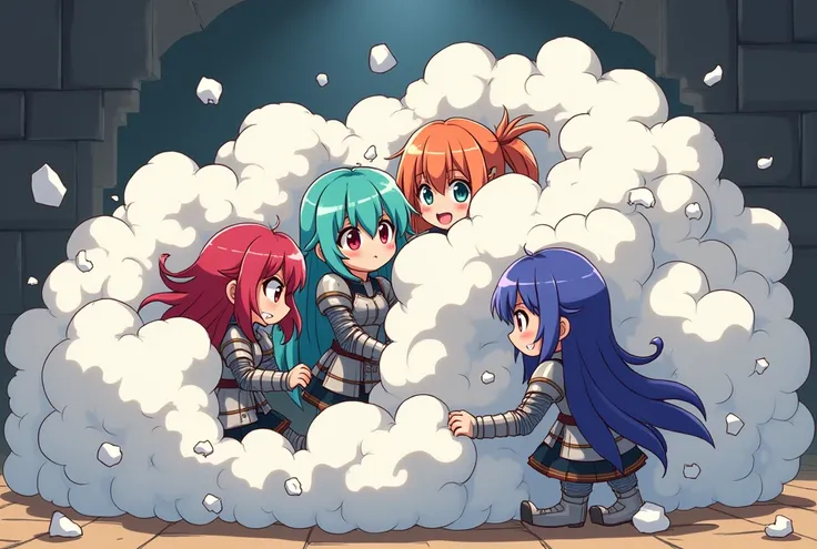 An anime-style art depicting many knight-girls playfully wrestling with each other inside a dungeon comical fight cloud.
each knight-girl has different colored hair.
their faces,hands,and feet are visible emerging from the cloud as they tussle humorously, ...