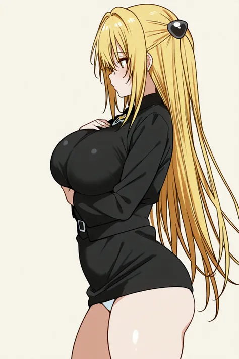 From SIDE,Solo, girl, konjiki no yami from To love Ru, konjiki no yami black outfit,ojos rojos, tall, adult version of konjiki no yami, blonde hair, konjiki no yami hair, big breast, perfect thighs, small white panties, hugging her breasts, looking at her ...