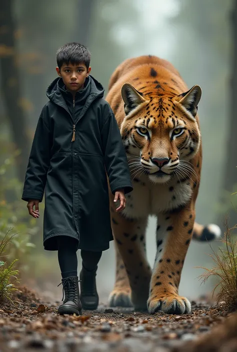 A young boy in black walks alongside a big cat
