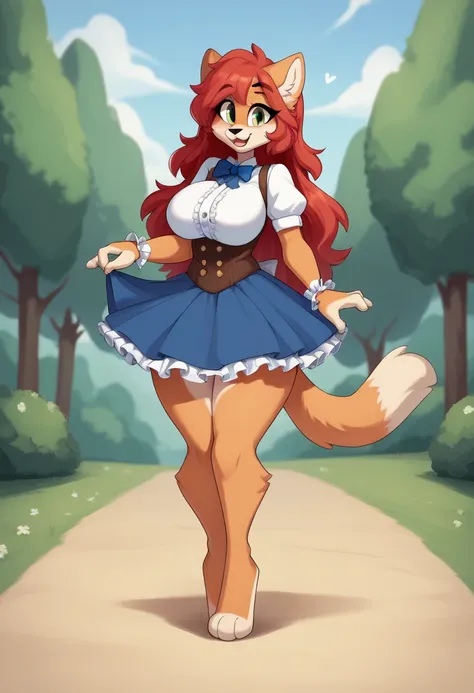 ((masterpiece, best quality, cartoon)), (anthro furry:1.3, snout:1.2, anthro:1.3, furry:1.2, feline:1.3, closeup:1.2, solo female:1.2, princess, cute, (Young adult), sexy, big breasts, curvy hips, soft red hair, soft fur, ((puffy white blouse, frilly poofy...