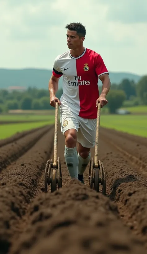 Ronaldo is plowing the field wearing real Madrid Jersey