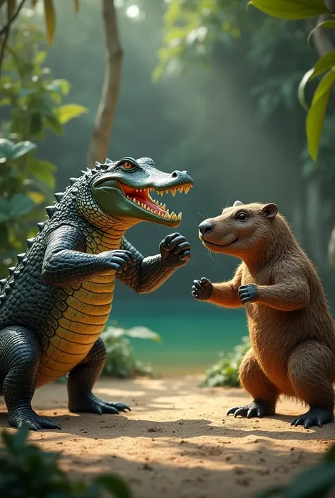 A muscular alligator with a capybara boxing