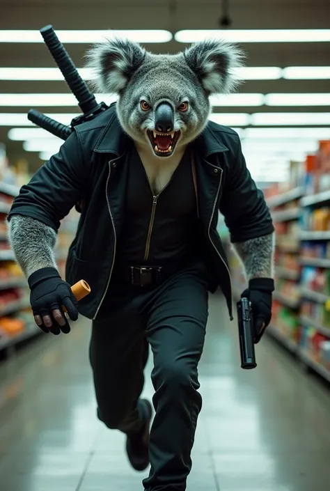 A fearsome koala storms into a supermarket, exuding menace and intensity. His muscular frame is exaggerated, with rippling arms and a broad chest, making him appear both intimidating and surreal. Dressed in sleek, dark tactical gear, including a fitted bla...