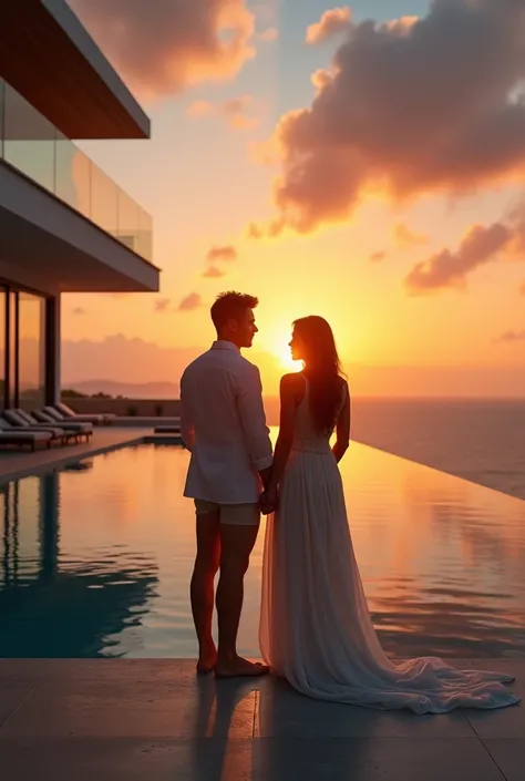  celebrity model couples back photos,Romantic Beauty，Admire the sunrise ， A Modern Luxury Mansion , Infinity pool, Sea view,  Floor-to-ceiling windows ,  Stylish Luxury Interior Design, realistic, 【8k,  top quality , masterpiece,  Highly Detailed ,  Dramat...