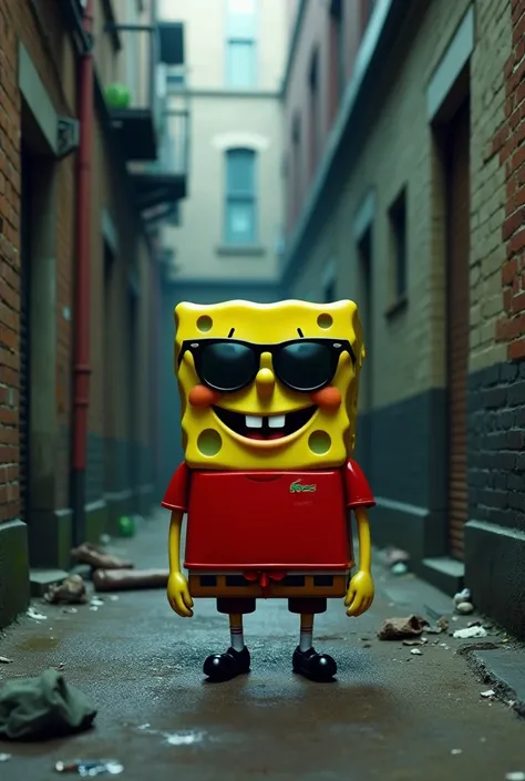  Nicklood character “SpongeBob” in a toecap alley , With SpongeBob wearing a red Lacoste Mandrake t-shirt with Juliete sunglasses matching the color of the shirt