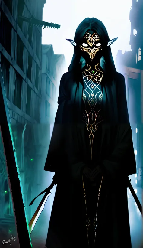 1girl elf, (shapely body), (solo), 19 years old,  hdr, suit, Hwa Ryun stands in the semi-darkness of a ruined building surrounded by opponents. Her black robe sticks to her body, as if taking on a shadow, and the golden patterns on her mask shine in the di...