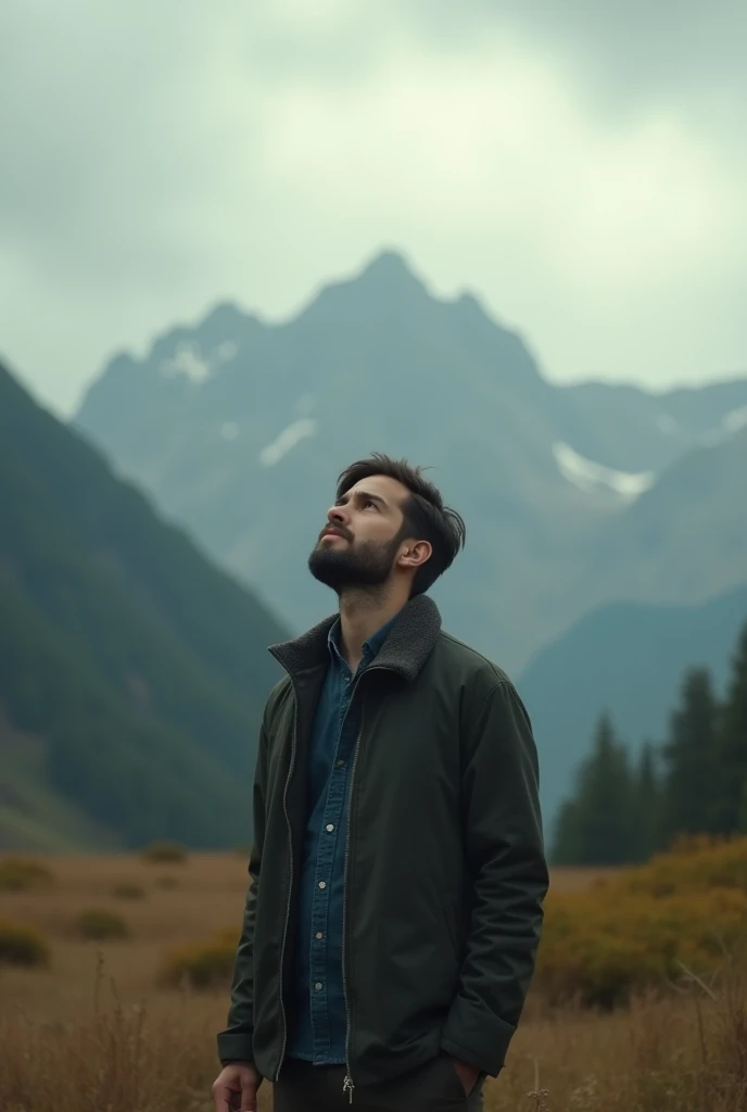 A man standing alone, looking up to the sky with a hopeful expression, surrounded by nature, with distant mountains symbolizing challenges, dramatic lighting, medium shot, hyper-realistic, photo realim, cinematography —ar 9:16.