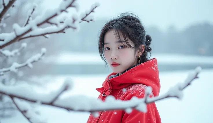  A Korean girl wearing a red jacket showing a beautiful appearance {x}.  Short Medium Length Hair . Rural landscape with heavy snowfall . snowy landscape. A lot of snow is piled up on tree branches. I can see the lake in the distance .