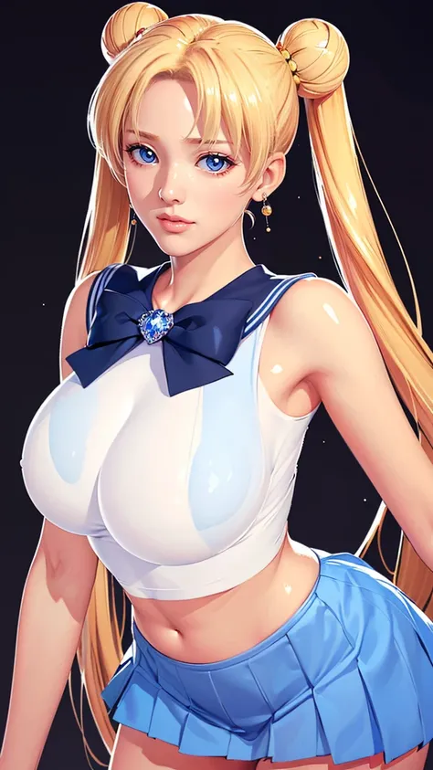 (（（Perfect body,White and tender skin,（（（Blue and white sailor suit, black high heels, and a bright red bow on the chest）））,（（（SMUsagiTsukino，Slender and soft golden hair, crystal clear and delicate skin, bright blue big eyes, thin cherry colored lips,,）））...