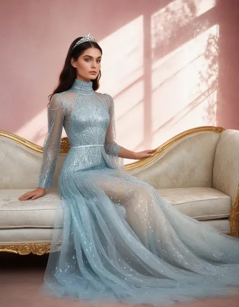 Extremely Beautiful and elegant extremely ethereal and extremely divine and holy Princess who is in dominant and confident state in a huge high neck with exquisite extremely tight fit curvious bodice with very tight and thin waist royal shiny ethereal very...