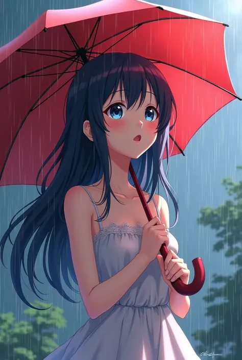 Seductively the most beautiful girl of all time 、A girl in anime style,  Beautiful Hair and Big Shining Eyes , Cute expression ,Good move、Beautiful hands、I have an umbrella in the rain。Hold up your hands、 looking up at the sky 