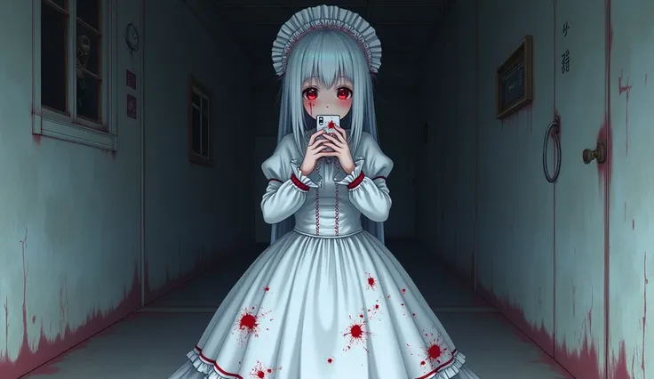  Gothic Lolita fashion、White clothes、Creepy、 blood on clothes、A cute, expression 、Icy expressionless 、 Station Home 、anime,I have a phone in my hand、
Gothic Lolita outfits,Japanese Anime,white head dress、horror,scary,Urban legend,scary face