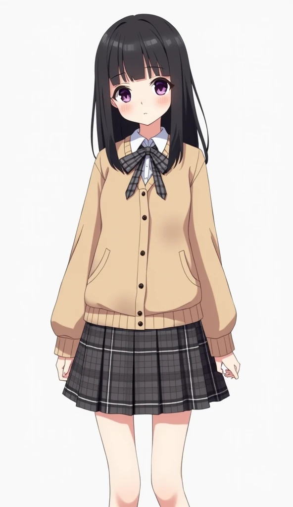  Animated teenage girl with medium long straight black hair and purple eyes and wears a beige sweater with long sleeves with buttons , a white shirt,  has a checkered ribbon with dark gray tones and white lines .  Her checkered pattern has an elegant style...