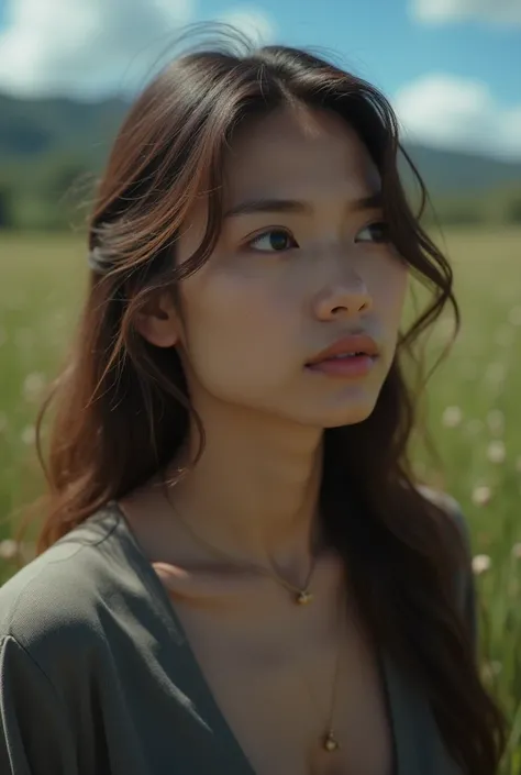 A close-up of a person with a thoughtful expression, looking determined, in a quiet, peaceful environment, nature and sky in the background, tight shot, hyper-realistic, photo realim, cinematography —ar 9:16.