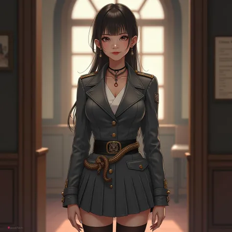 (Actual picture 1 .5), (( best quality)), ((masterpiece)), ( Detailed ) Woman 1( beautiful face,grey leather military uniform(나skirt크,  Black Stockings ,earring,necklace),,18 years old,High school student,  Korean girl, miniskirt , shoes( high heels) ,Atte...