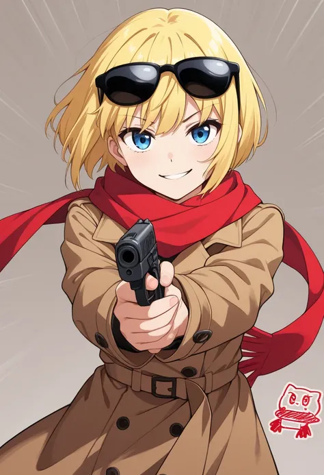 masterpiece,best quality,amazing quality,very aesthetic,absurdres,newest, 1girl,chibi only, solo,yuki mio, A beautiful anime girl is posing in parentheses holding a derringer handgun, , Blonde,  bob hair,  clothes are being blown in the wind, Trench Coat ,...