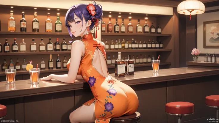 rating_safe, score_9, score_8_up, score_7_up, source_anime, masterpiece, best quality, solo, 1girl, wondering face, firm breasts(she is wearing orange hugging cheongsam,purple floral,) ( sitting on bar counter, rear shot view) see butt and hip, lough bar T...