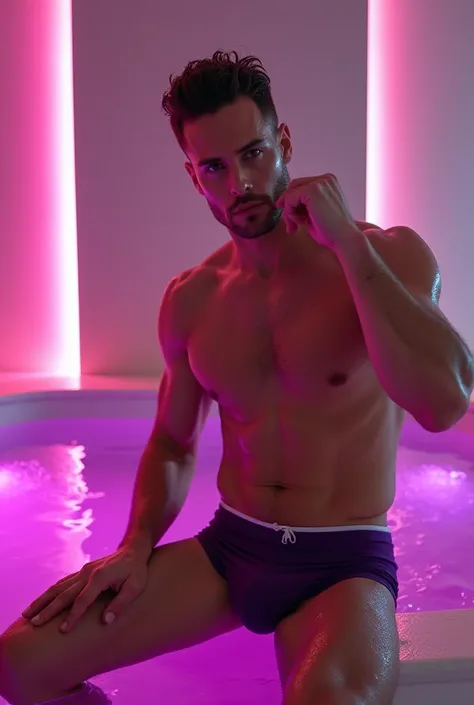 sexy man, short hair, handsome face similar to Henry Cavil face, dark purple, ultra tight swimming briefs with white strap, topless, sitting on the floor next to the big swimming pool with water pink water inside, neon lights inside the pool and showing hi...