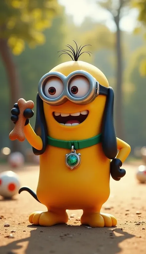 A Minion with long, floppy ears and a playful expression, wearing a green collar with a shiny dog tag. Its in a playful stance, wagging its tail and holding a squeaky toy bone in one hand. The background features a sunny park scene with trees and a ball, c...