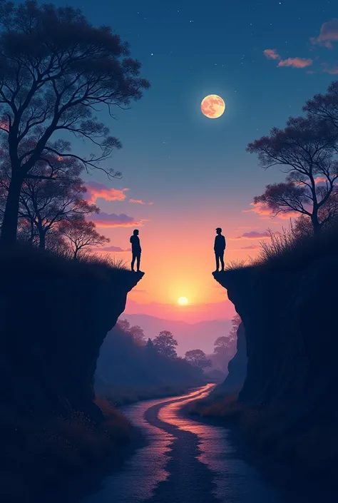 Twilight Sky Background: A view of a twilight sky with two moons or two stars on the horizon. This depicts the existence of two loves that are contradictory and full of hopes that have not yet been realized. There can be silhouettes of two people standing ...