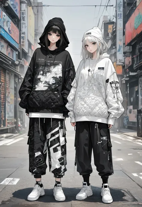 Create an ultra-realistic BLACK and WHITE unisex streetwear “jacket, t-shirt, hoodies, pants” outfit style. (I need the top and bottom of the clothing outfit). Simple line acronym ABSTRACT artwork, UNIQUE AESTHETIC. The pictures should be displayed from he...