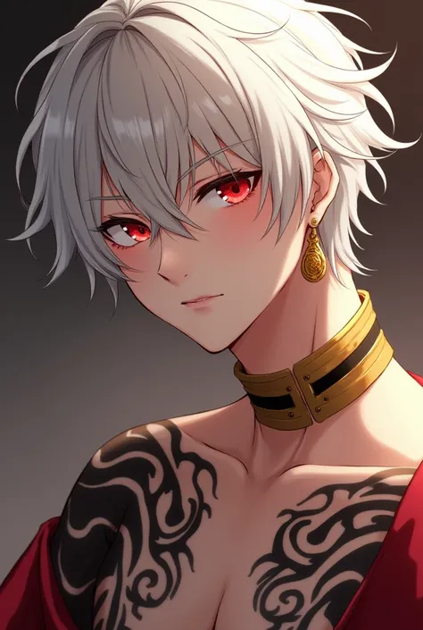 (absurdres, highres,  ultra detailed , HDR-10),  masterpiece,  best quality, Gilgamesh,  a man, Alone, elegant,  short hair,  white hair,  vibrant and clear red eyes,  fine eyes and detailed face , top-less, black shoulder tattoo, golden jewelry,  gold ear...