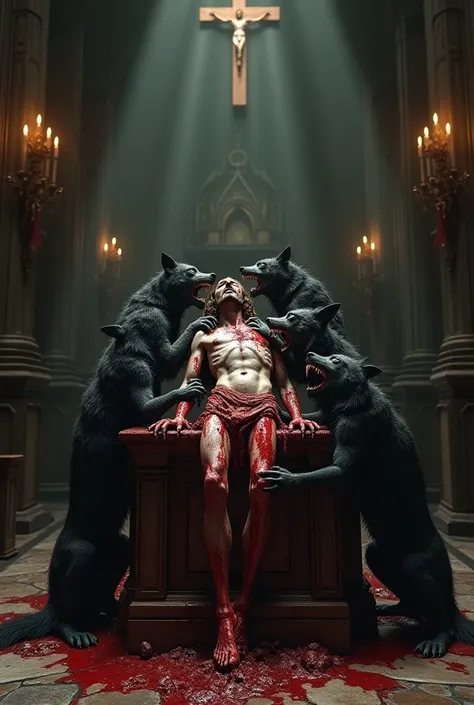 Bloody dead Christ on an altar in the church with black werewolves devouring his flesh with blood