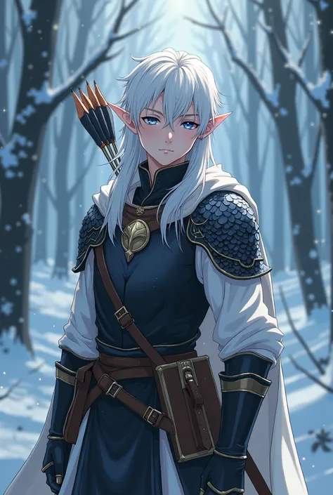 Anime style similar to Bleach ,  an Elf Man has white hair that reaches up to his shoulders,  Blue Eyes,  with a young and calm face , He wears medium scaled armor ,  with a quiver and arrows and is in a snowy forest with magical sparkles 